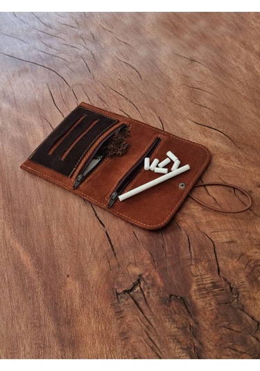 Tütün Kesesi Cüzdan Tütün Çantası Tütünlük %100 Süet Deri Taba Küçük. Açık Boyut: 13cm 19cm