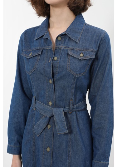 Banny Jeans Kadın Önden Düğmeli Kemerli Jean Elbise Koyu Mavi