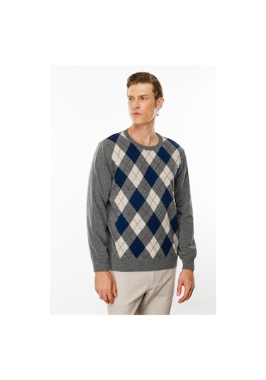 Desen Triko Erkek Sıfır Yaka Önü Baklava Desenli Kazak 24511 Füme Füme