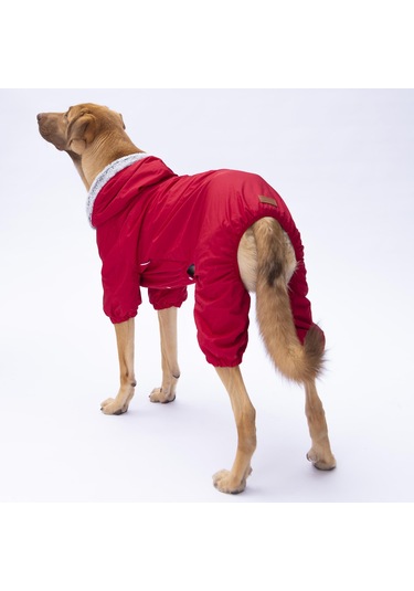 Kırmızı Kürklü Orta Büyük Tulum Yağmurluk Köpek Kıyafeti Köpek Yağmurluğu 18-40 Kg Arası Orta Büyük Irklar