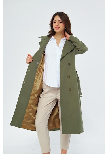 %100 Pamuk Ekstra Uzun 120cm Kruvaze Kadın Trençkot 1121 Haki