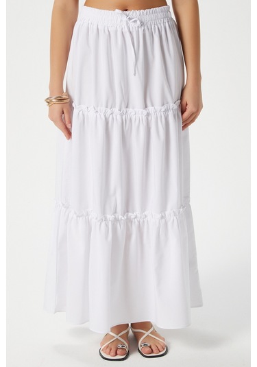 Kadın Elanora Beyaz Astarlı Katlı Poplin Etek Beyaz