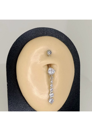 Aya Tasarım Gümüş Renk Dört Taşlı Model Göbek Piercing Gümüş