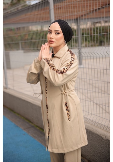Tesettür Eşofman Takımı Fermuarlı Ikili - Tunik Pantolon Bej 474 Bej