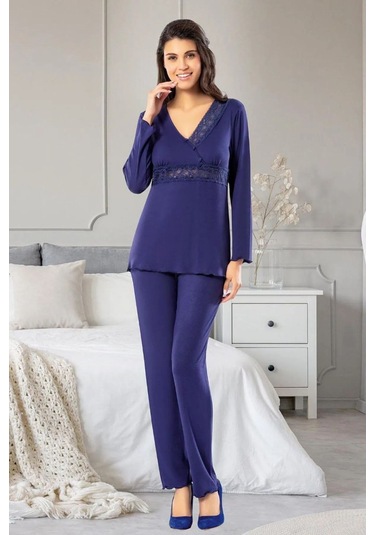 Faal 8613 Kadın Uzun Kollu Dantel Detaylı V Yaka Pijama Takımı-lacivert Lacivert