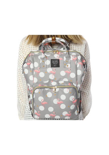 Lal Baby Flamingo Desenli Anne Bebek Bakım Sırt Çantası Gri