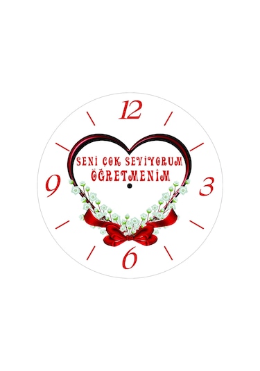 Seni Çok Seviyorum Öğretmenim Çap 30cm Sessiz Akar Bombeli Gerçek Cam Duvar Saati Çok Renkli