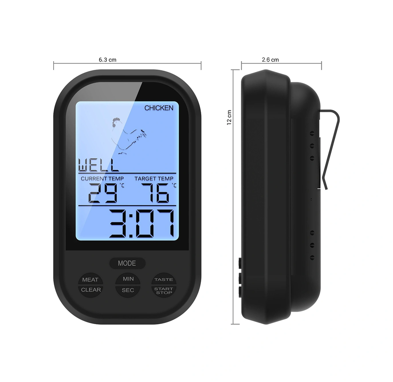 Lemestar Küçük Siyah Kablosuz Mutfak Isı Ölçer, 0-250 C Aralığı, 20-30m Alınım Mesafesi, Pil İçermez Çok Renkli