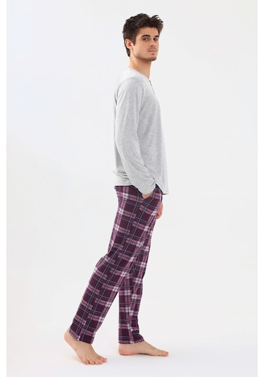 Erkek Pamuklu Uzun Kollu Önü Patlı Ekose Desenli Pijama Takımı Ko60105 Mor