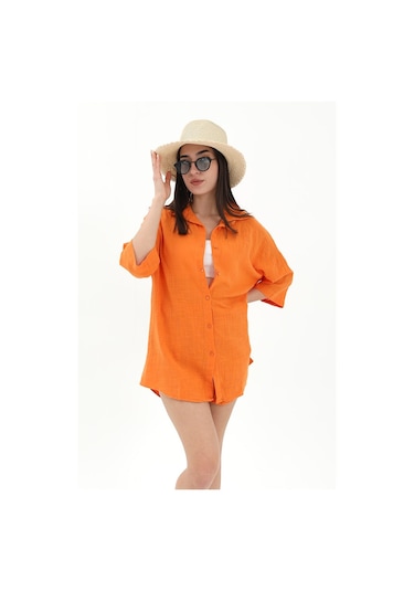 Pamuk Keten Şort Gömlek Kadın İkili Takım - Turuncu-turuncu Turuncu