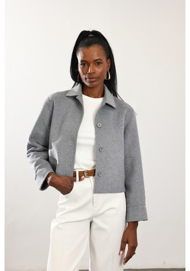 Gri Gömlek Yaka Kısa Yün Ceket Gri