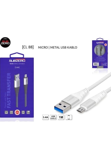 Subzero CL88 Micro 3.4a Metal Başlık Hızlı Şarj Kablosu 1 M Beyaz