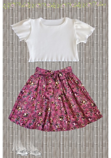 Çocuk Etekli Crop Takım, Gülkurusu Ton Etek - Ekru Crop Ekru-gulkurusu3 Ekru - Gülkurusu