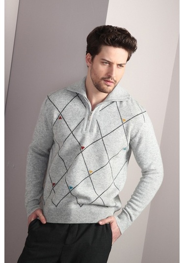 Ferraro A.Gri Fermuarlı Dik Yaka %100 Kuzu Yünü Erkek Kazak Açık Gri (536161083) Açık Gri