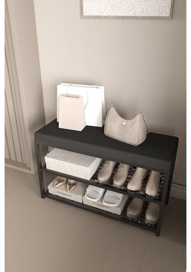 Aju Ayakkabılık Puflu Süngerli Oturaklı Metal Ayakkabı Rafı Modern Vestiyer Baklavalı Metal Tasarım