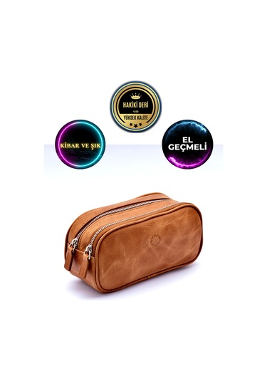 Empiero Gold Taba Hakiki Deri Çift Fermuarlı El Çantası El Geçmeli Gold Taba