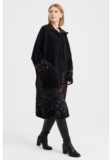 Desen Triko Kadın Triko Kırçiçeği Desenli Afrodit Panço 23065 Siyah Siyah