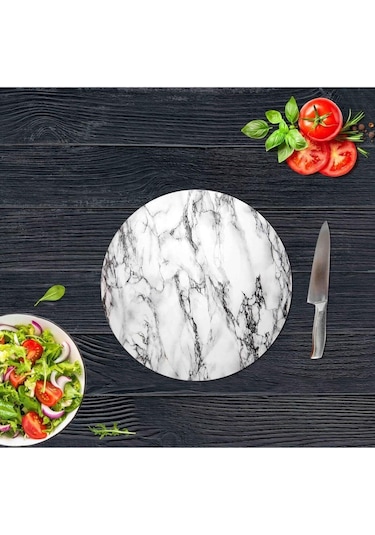 Beyaz Mermer Cam Kesme Tahtası - Sunum Tabağı Çap 20