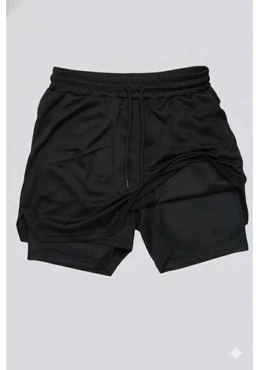 Hızlı Kuruyan 2 İn 1 Yetişkin Unisex Spor Baskısız Taytlı Şort Fitness Gym Antrenman Halı Saha Siyah