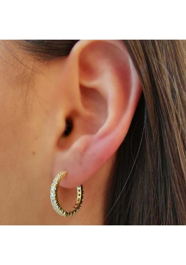 Halka Gümüş Küpe Zirkon Taşlı Gold Orta