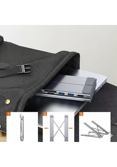 8 İ 1 Arada Type-c Hub Lı Katlanabilir Laptop Standı 4k Hdmı 5gbps 60cm Kılıf