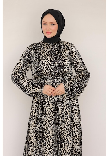 Armine Trend Leopar Desenli Beli Kemerli Elbise Siyah 24kt904 Siyah