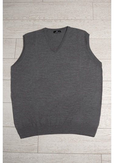 V Yaka Battal Büyük Boy Yünlü Kolsuz Triko Süveter Gri