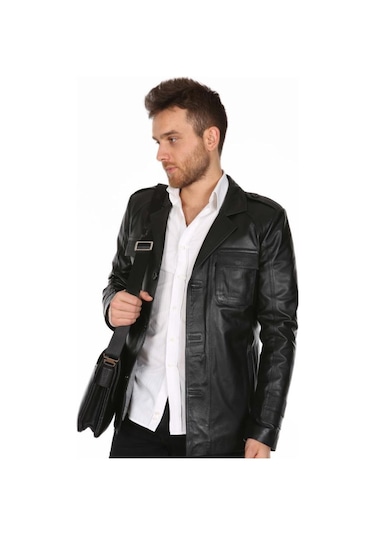 Hakiki Kuzu Derisi Siyah Gömlek Cep Düğmeli Erkek Deri Ceket Siyah