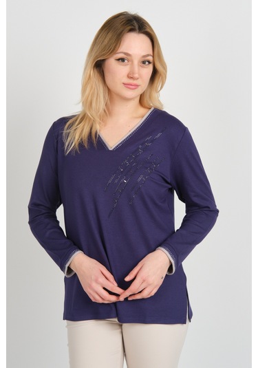 Detay Triko Kadın V Yaka Taş İşlemeli Uzun Kol Anne Bluz 5751 Mor Mor