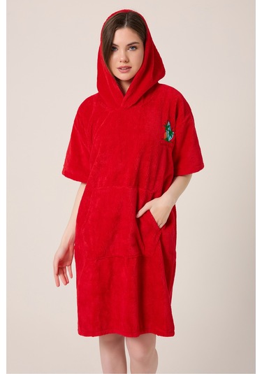 Palmiye Sörf Nakışlı Yetişkin Sörf Yazlık Panço Kapüşonlu Plaj Havlusu Bordo Bordo