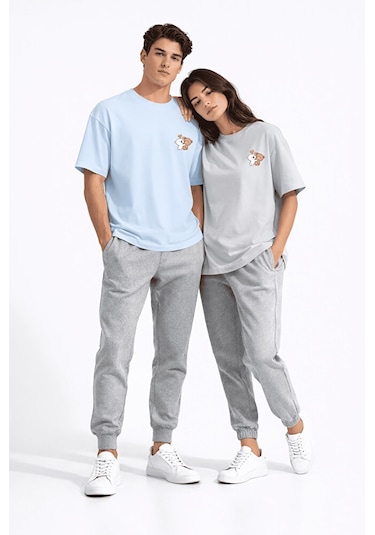 Sevgili Kombini Ayıcık Baskılı Çift Tişört Oversize Unisex Partne Mavi