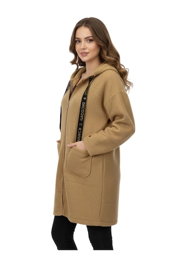 Caftan Kadın Anne Kapüşonlu Cepli Buklet Hırka Bgl-st05084 Camel
