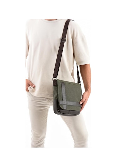 Kanvas Kumaş Tablet Çantası Erkek Postacı Çanta 27 23 Cm Çapraz Askılı Omuz Çantası Haki