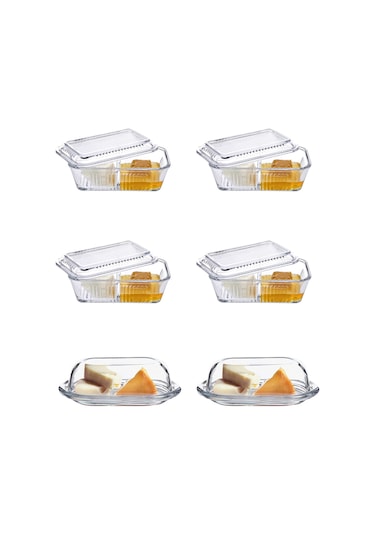 Paşabahçe 6 lı Kapaklı Kahvaltılık Seti - Cam Ballık Tereyağlık Şeffaf
