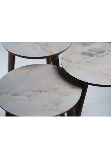 Madrid 3'lü Zigon Sehpa %100 Mdf Yuvarlak Buz Gri Mermer Desen
