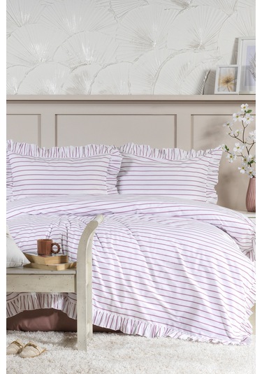 Elart Lara Nevresim Takımı Çift Kişilik Lastikli Çarşaf %100 Pamuk Ranforce Fırfırlı 200x220 Cm Gülkurusu Gülkurusu