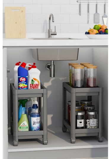 Mithra Life 2 Adet 2 Katlı Tekerlekli Tezgah Altı Gri Banyo Mutfak Rafı Mıt1124 Gri