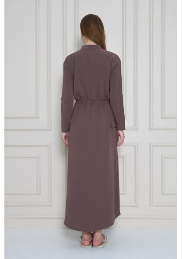 Kadın Yeni Sezon Krep Cepli Uzun Katlanabilir Kollu Büzgülü Elbise Yazlık Günlük Giyçık Kahverengi