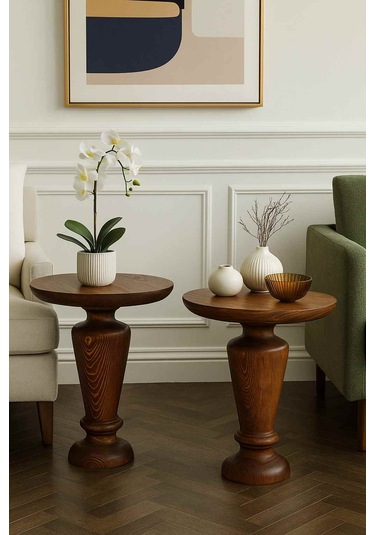 Masif Ahşap 2 Li Yan Sehpa Seti Meşe Renk Doğal Zigon Takımı Meşe