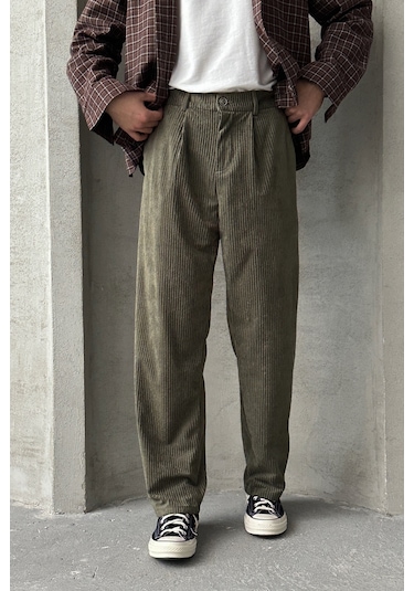 Erkek Pileli Baggy Kalıp Kadife Pantolon Haki