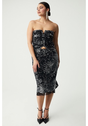 GRIMELANGE Yıseth Kadın Gümüş Pul Payet Uzun Astarlı Siyah Etek Siyah