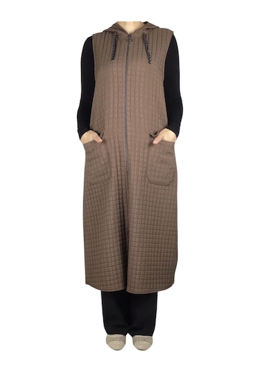 Önü Fermuarlı Kapüşonlu Üstten Cepli Kapitone Yelek Kapitone2 Kahverengi