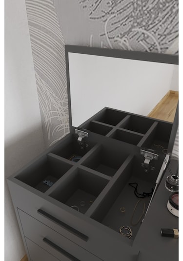 Rose Aynalı Makyaj Masası, Şifonyer, Etijer, Çok Amaçlı Takı Dolabı, Antrasit Antrasit