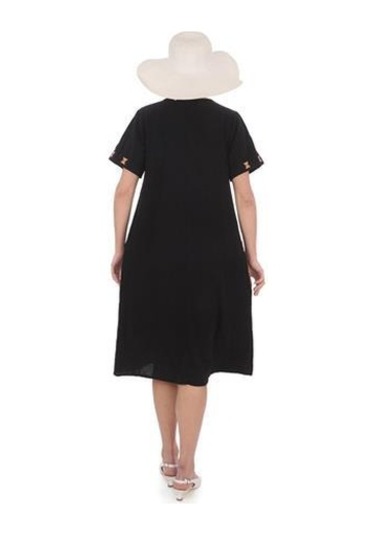 Yarım Kol Yuvarlak Yaka İşlemeli Keten Elbise-9166 Siyah