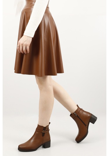 Gönderi R Taba Floter Fermuarlı Kalın Topuklu Hakiki Deri Bot Taba Floter