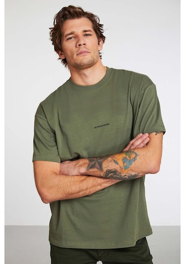 Rıver Erkek Nakış Işlemeli Oversize %100 Organik Pamuk Örme Haki T-shirt