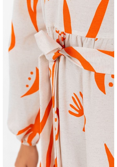 Desenli Yazlık Baharlık Keten Elbise 2103 Turuncu