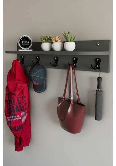 Alpa Ev Mobilya 5 Askılı Raflı Portmanto, Elbise Askılığı, Modern Duvar Organizer Askılık Antrasit