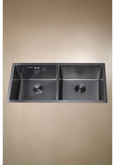 Han Serisi %100 Krom 82x45 İki Göz Paslanmaz Mutfak Eviyesi, Mutfak Lavabosu Sifon Dahil Siyah