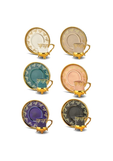 Porselen Yaldızlı Ayaklı Kahve Fincan Takımı 6 Kişilik Renkli Ürün